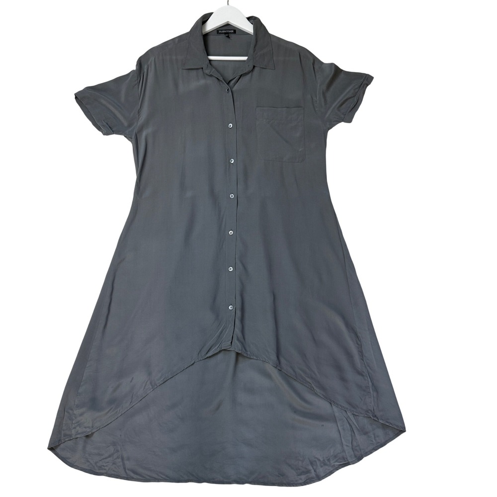 Eileen Fisher Silk Dress  Gray Short Sleeve Button Down Hi-Lo Hem Size XS Casual